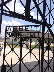 The gate at Dachau concentration camp, which reads Arbeit Macht Frei (work makes you free). 