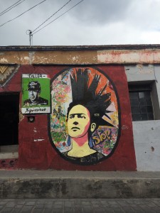 Frida with mohawk in front of ASARO's gallery Taller Siqueiros