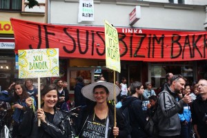 A protest held in June in Kreuzberg  for a local turkish shop (bizzim bakal) which would have ben forced to close due to rising rent prices. Weekly prostest continue, and the shop appears to still be open.. again demonstrating the attention which issues of urbanization receive in Berlin.