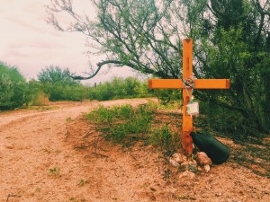 Memorials like this dot the Sonora Desert in Arizona, where groups like the Tucson Samaritans have taken it upon themselves to mark the sites where remains of those who were not able to cross the desert have been found.