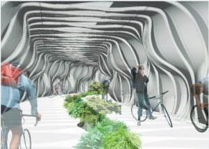 A rendering of my underground bicycle highway design proposal that utilizes the infrastructure of the subway