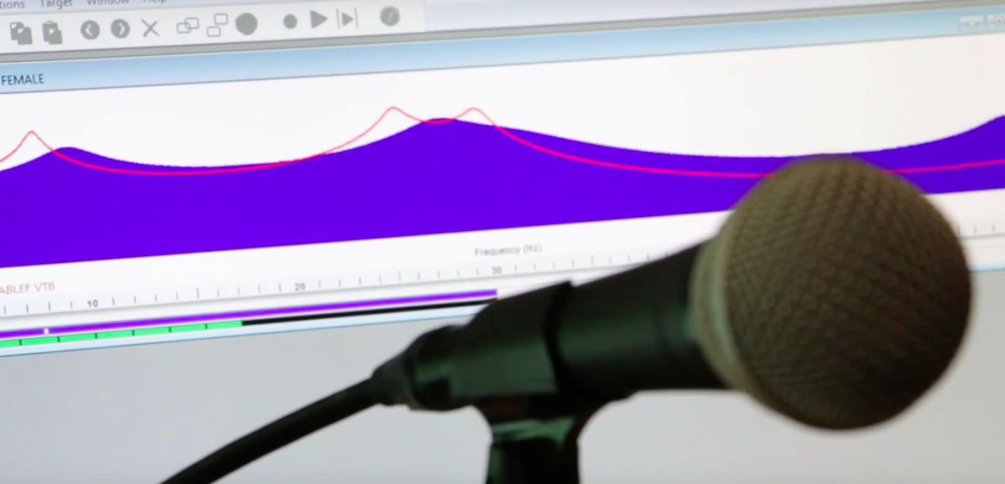 microphone in front of blue and red graph