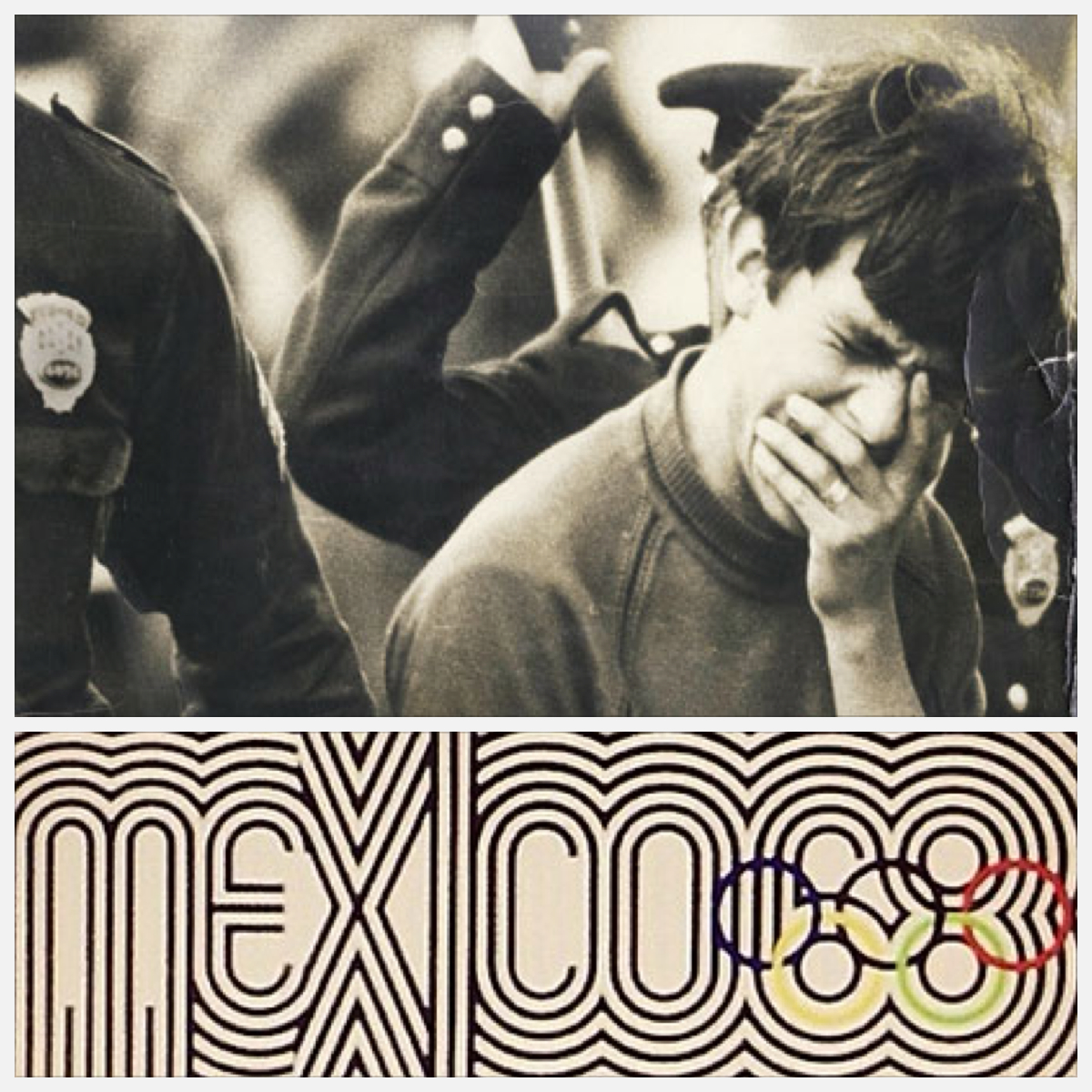 person covering facce with hand and symbol for 1968 Mexico City Olympics