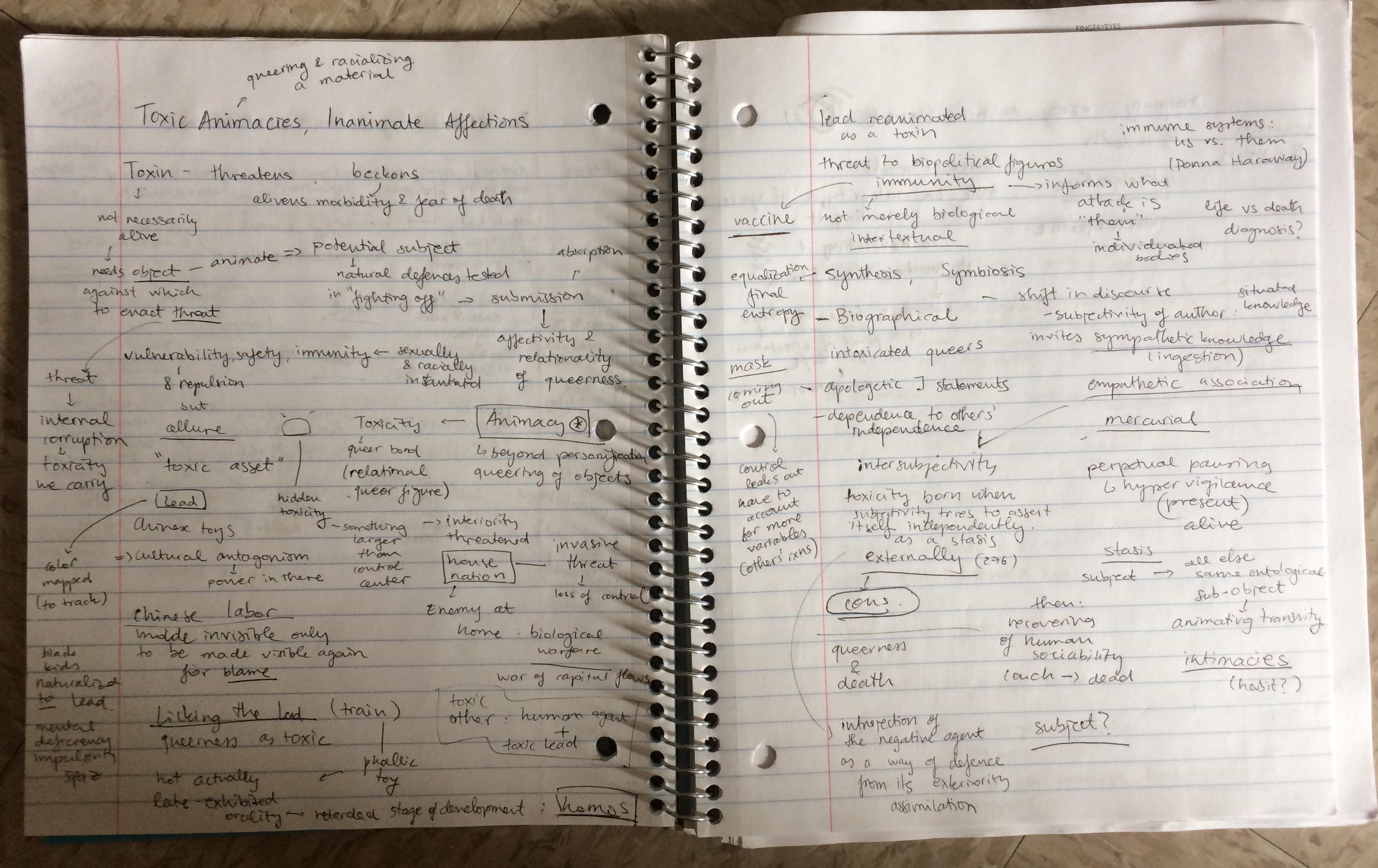 open spiral notebook with notes on toxic animacres and inanimate affections