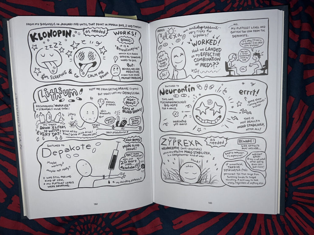 Spread of Ellen Forney's comic book memoir Marbles, illustrating her reactions to different bipolar medications 