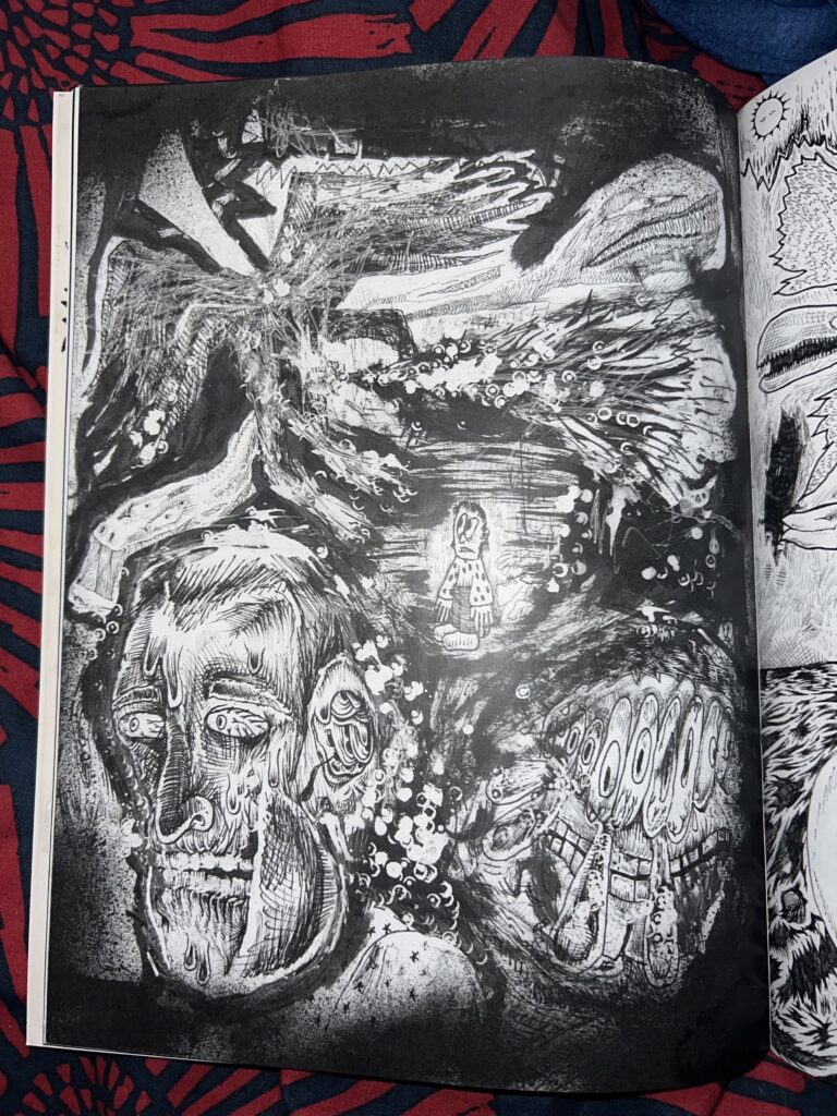 Half of a 2 page spread from Floyd Tangeman's Miasma Myopia comic. A complex illustration showing a bewildered little character among a sea of swirling lines, bug eyes, and a large sweaty head
