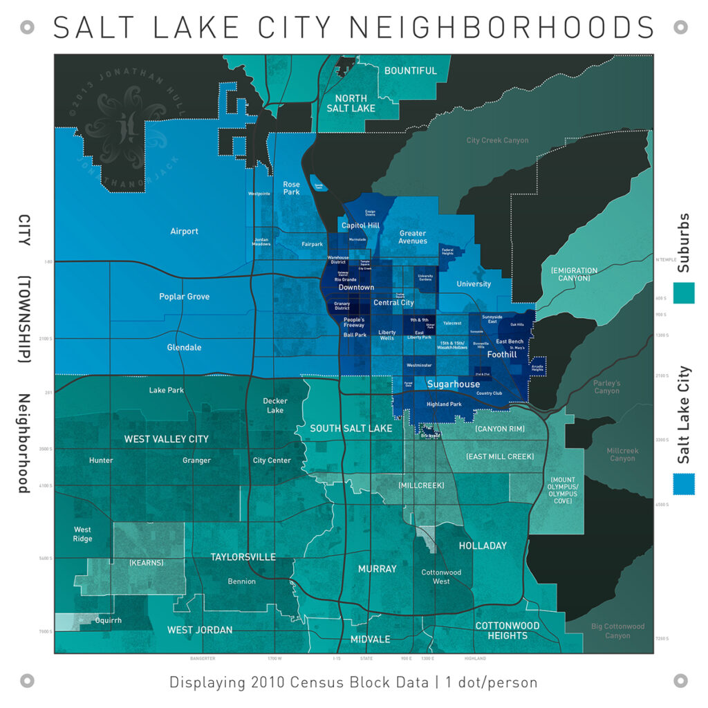Map of neighborhoods in SLC, color coordinated from greenish blue to blue to dark blue.