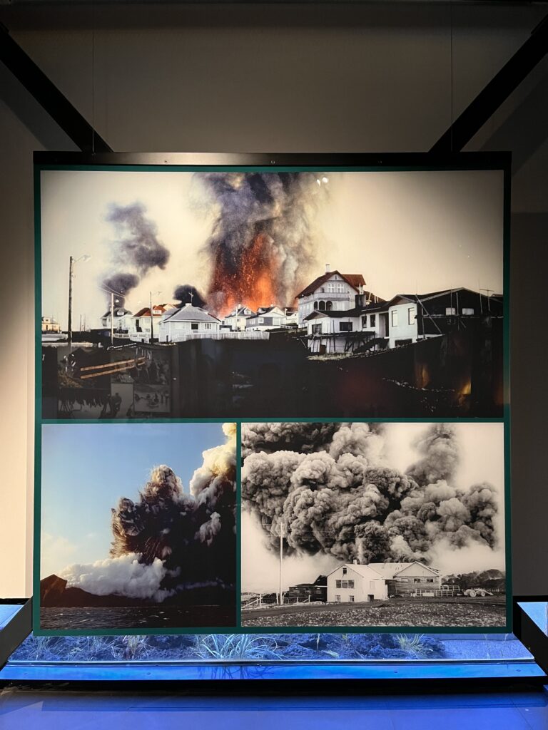 Photo of an installation in Eldheimar, a museum dedicated to preserving the history surrounding the eruption of 1975 on Heimaey Island.