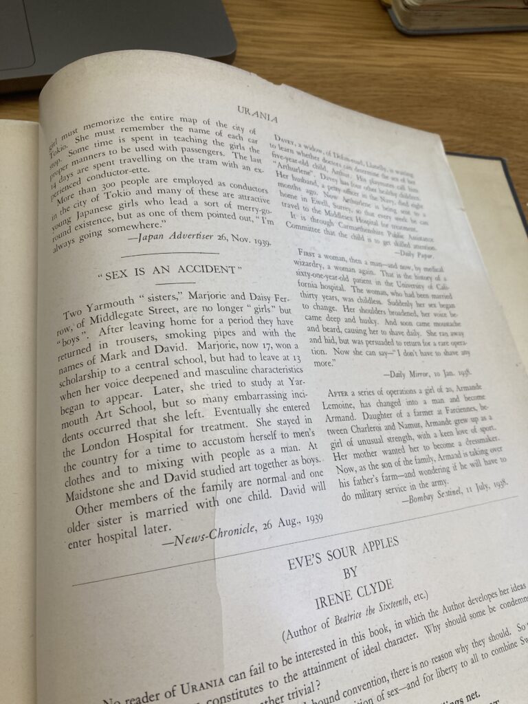 Page from Urania at the LSE Women's  Library. Notable "Sex is an Accident" article title is visible.